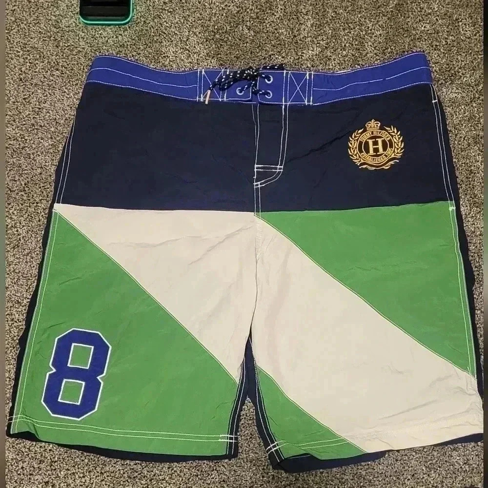 VTG Tommy Hilfiger Color Block Board Surf Swim Trunks Shorts Crest XLG